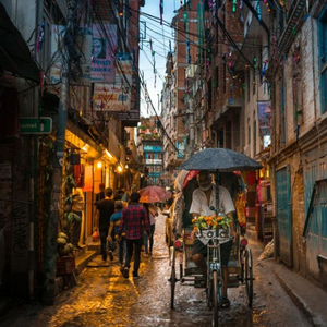 The wet bustling street